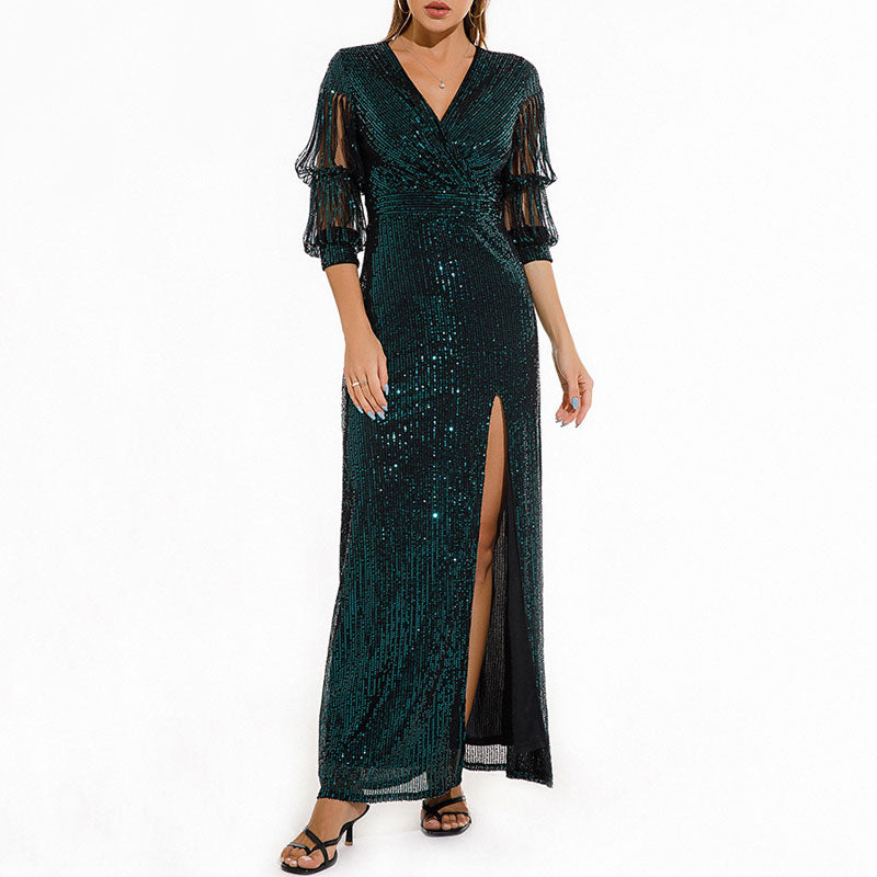 Sequins V-Neck Tassel Sleeve High Slit Dress