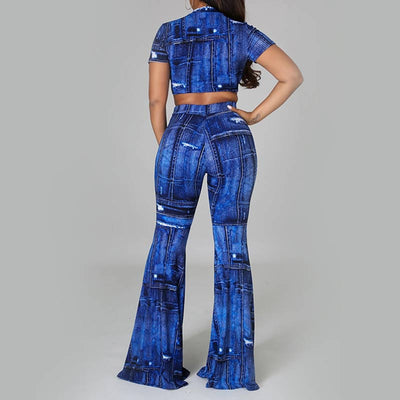 Print Short Sleeve Crop Top & Pants Set