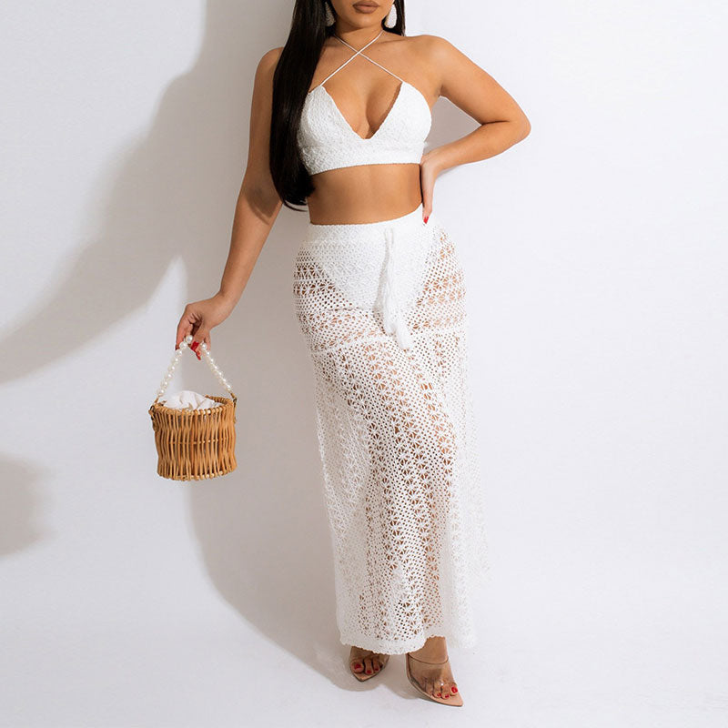 Solid Halter Tube Top & Hollow Out Mesh Skirt Set