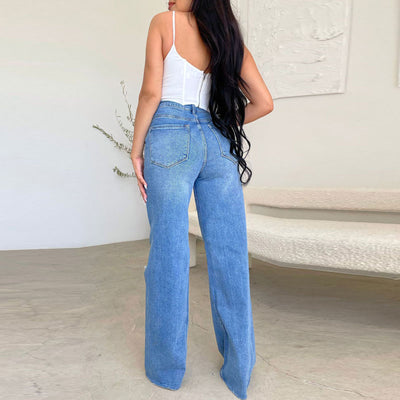 Solid High Waist Cut Out Wide Leg Denim Pants