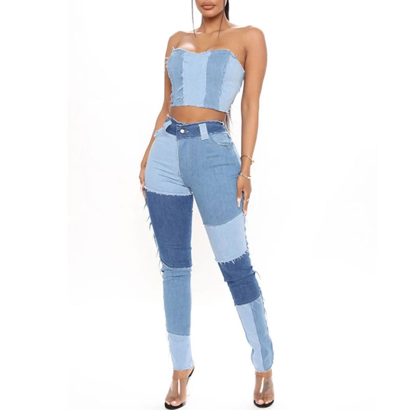 Colorblock High Waist Patchwork Skinny Denim Pants