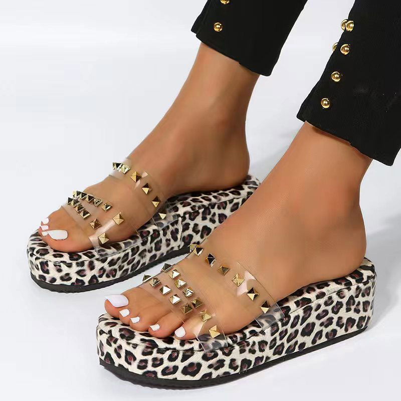 Leopard Print Rivet Decoration Clear Strap Platform Sandals