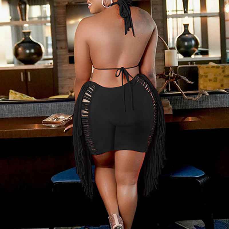 Solid Halter Sleeveless Bra T Tassel Design Shorts Set