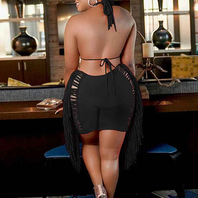 Solid Halter Sleeveless Bra T Tassel Design Shorts Set