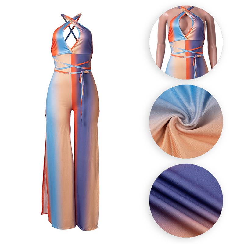 Colorblock Sleeveless Halter Cut Out Bandage Slit Jumpsuit