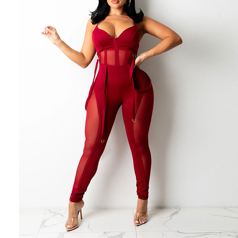 Solid Sleeveless Sheer Mesh Bandage Jumpsuit