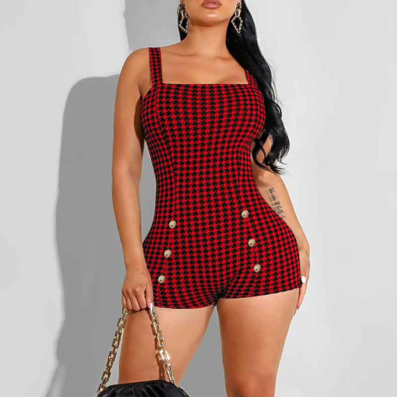 Houndstooth Print Sleeveless Button Detailed Romper