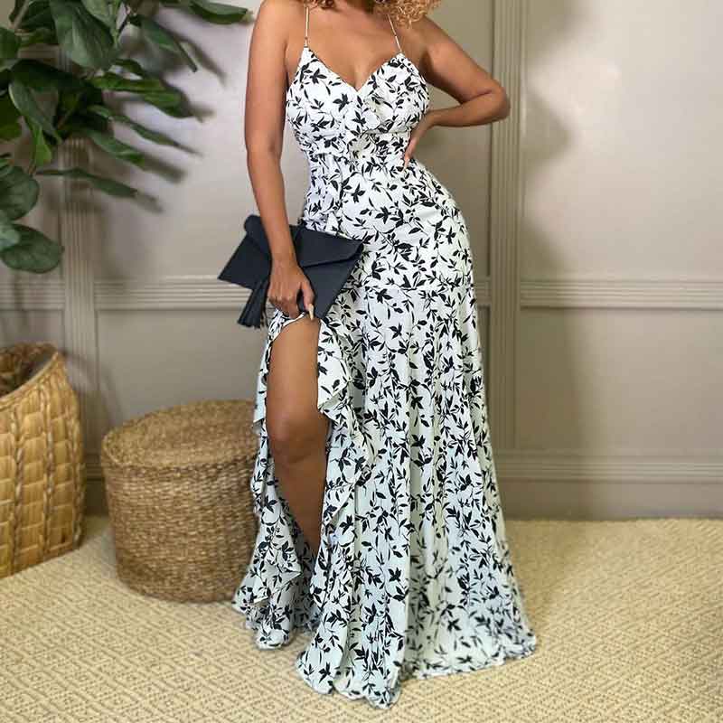 Print Sleeveless High Slit Spaghetti Starp Maxi Dress