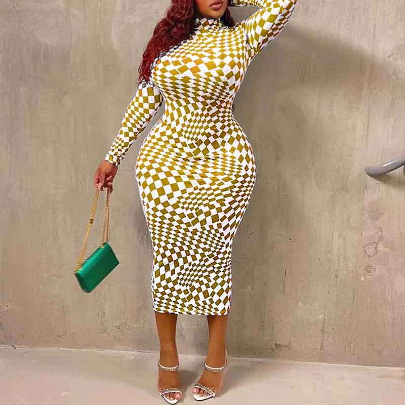 Print Long Sleeve Plus Size Midi Dress