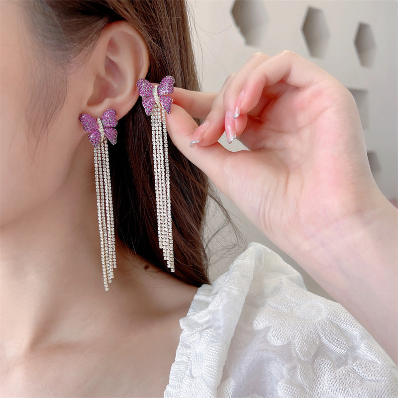 Rhinestone Butterfly Shaped Tassel Design Earrings