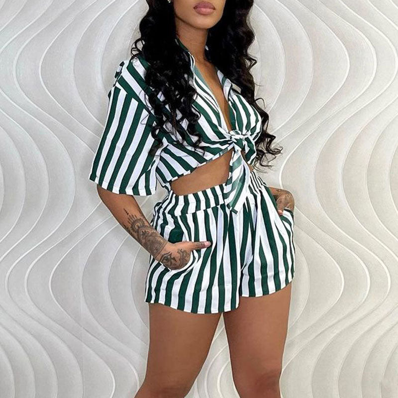 Striped Print 2PCS Shorts Set