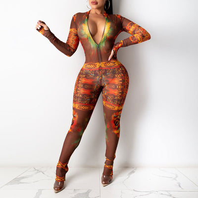 Print Long Sleeve Sheer Mesh Patchwork Skinny Jumpsuit