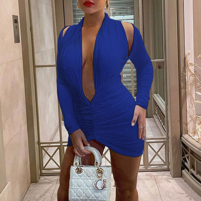 Solid Deep V-Neck Long Sleeve Backless Mini Dress