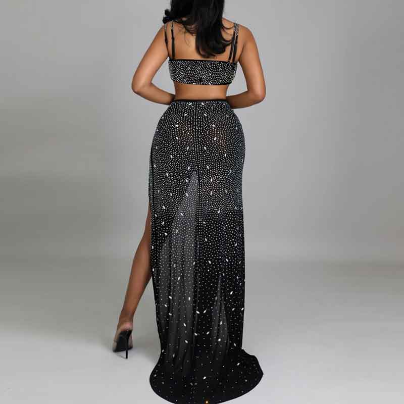 Rhinestone Sleeveless Cut Out High Slit Maxi Dress