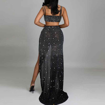 Rhinestone Sleeveless Cut Out High Slit Maxi Dress