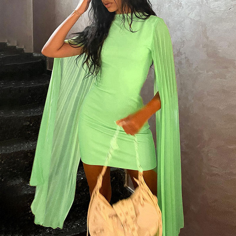 Solid Pleated Sleeve Mesh Patchwork Mini Dress