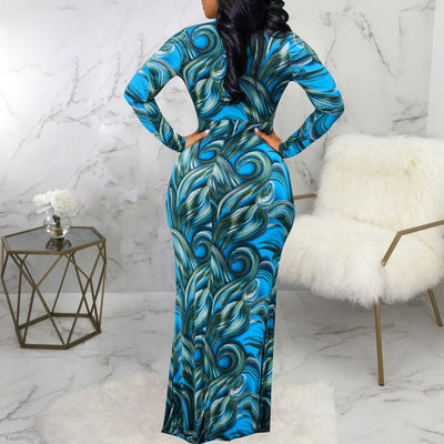 Print V-Neck Long Sleeve Maxi Dress