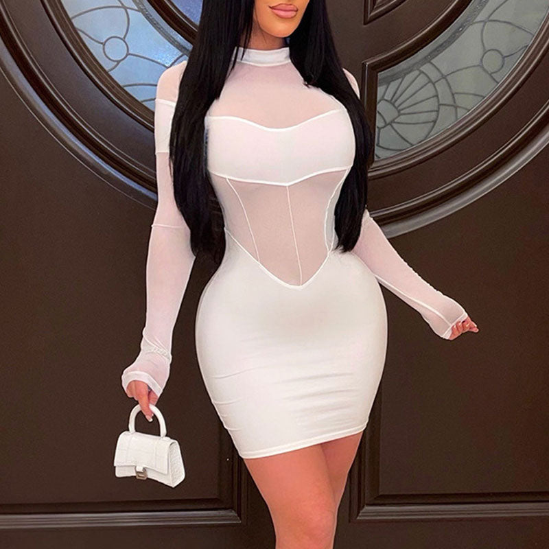 Solid Long Sleeve Sheer Mesh Bodycon Dress