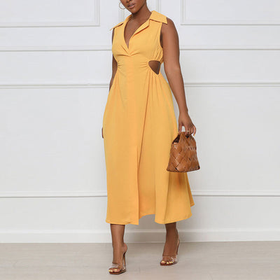 Solid V-Neck Sleeveless Cut Out Slit Maxi Dress