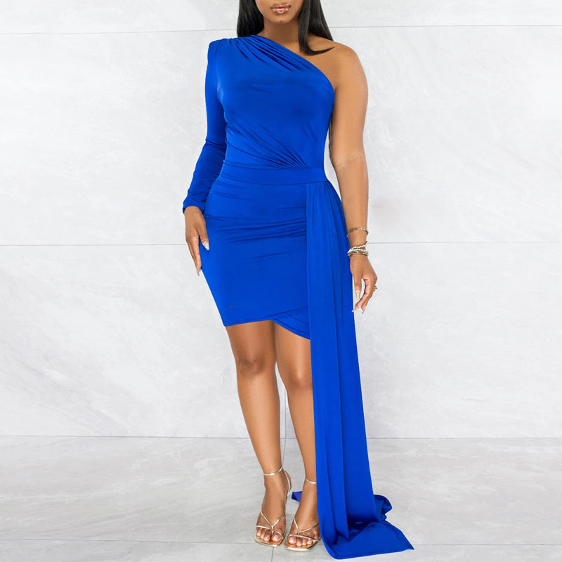 Solid One Shoulder Long Sleeve Ruched Bodycon Dress