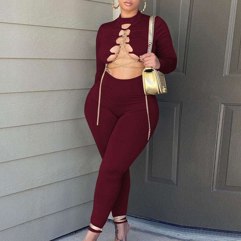 Solid Long Sleeve Cut Out Chain Crop Top & Pants Set