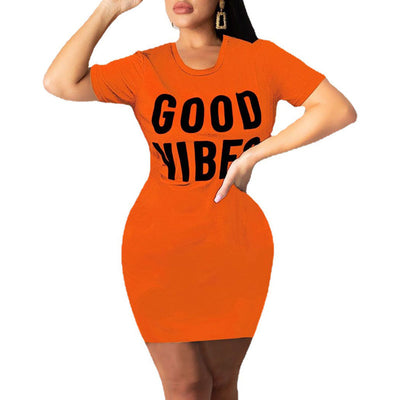 Letter Print Round Neck Bodycon Dress