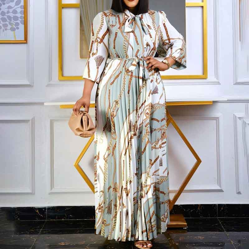 Print Long Sleeve Belted Pleated Shirt Maxi Dress