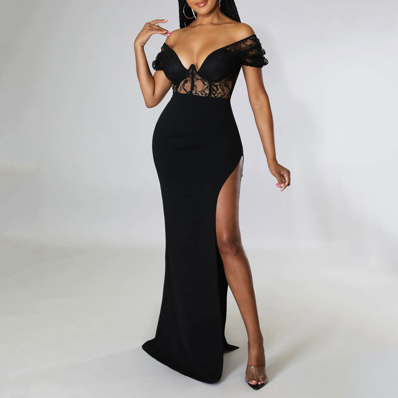 Solid Off Shoulder Lace High Slit Maxi Dress