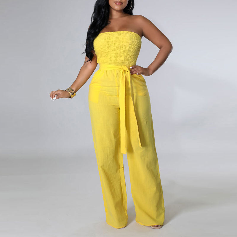 Solid Off Shoulder Belted Wide Leg Jumpsuit