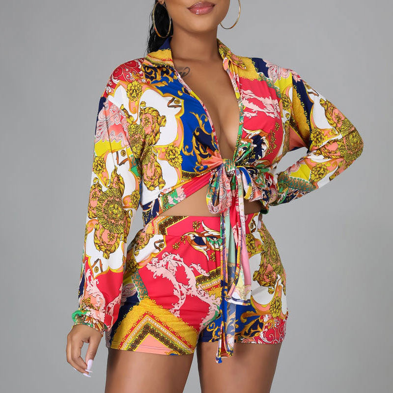 Print Long Sleeve Blouse & Shorts Set