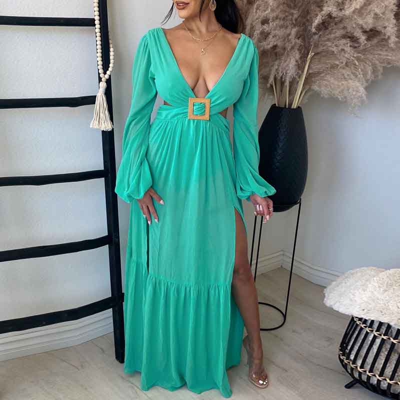 Solid Deep V-Neck Long Sleeve High Slit Maxi Dress