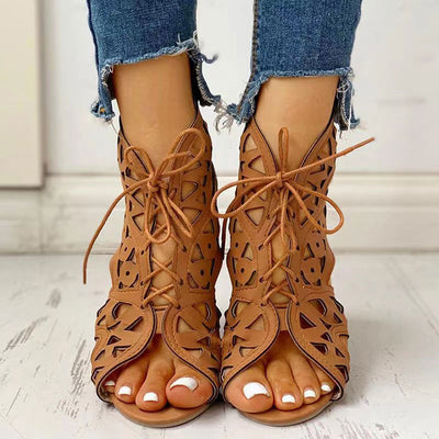 Solid Hollow Out Lace Up Flat Sandals