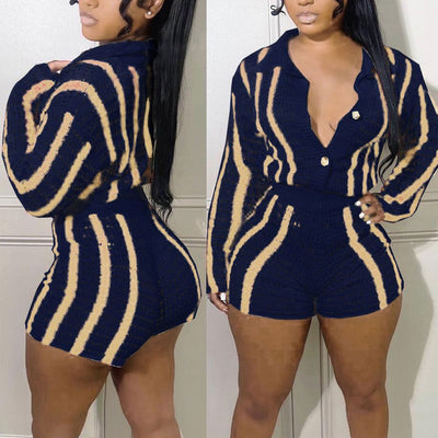 Striped Knitted Button Detailed Top & Shorts Set