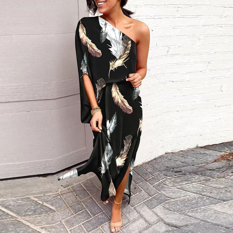 Feather Print One Shoulder Slit Loose Dress