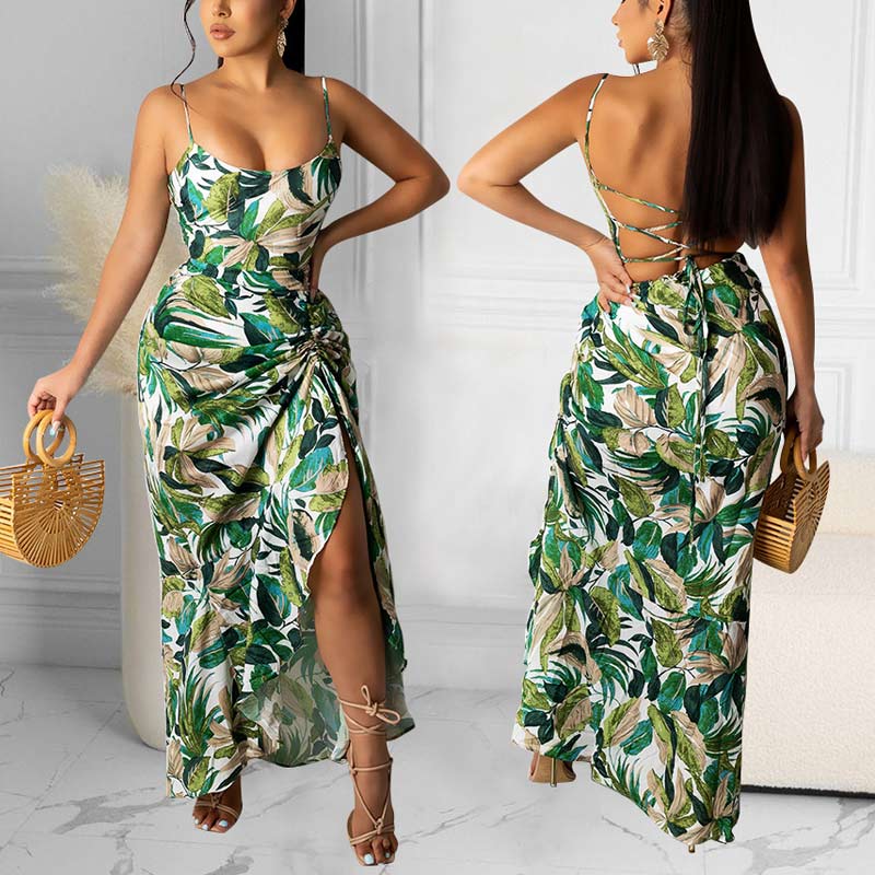 Leaf Pattern Backless Bandage High Slit Irregular Dress