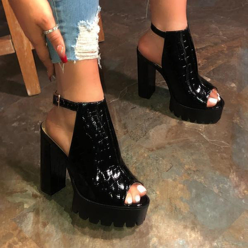 Solid Peep Toe Ankle Strap Chunky Heels