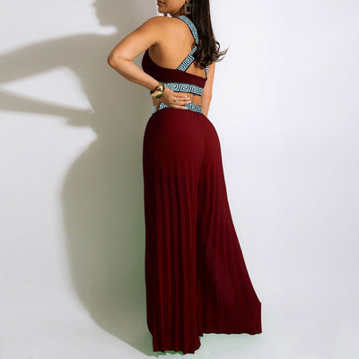 Print Sleeveless Crop Top & Wide Leg Pants Set