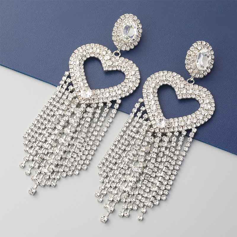 Studded Heart Pattern Tassel Design Drop Earrings