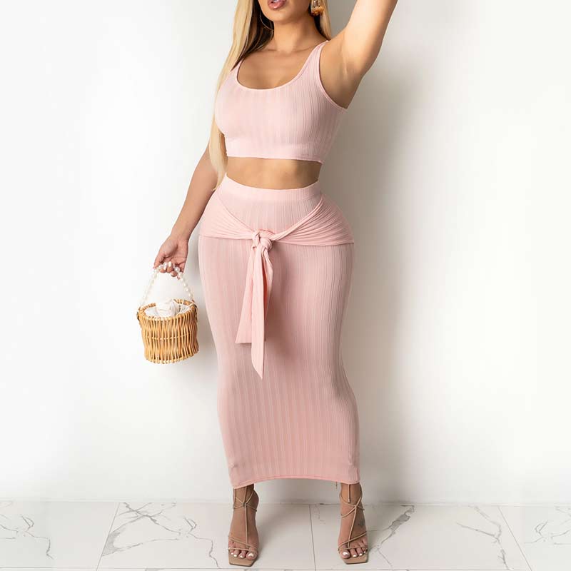 Solid Sleeveless Tube Top & Bandage Skirt Set