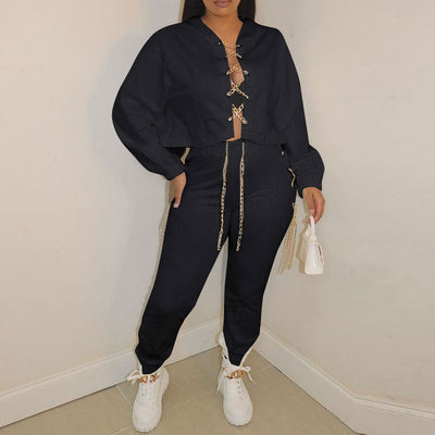 Solid Chain Bandage Hoodie Loose Top & Pants Set