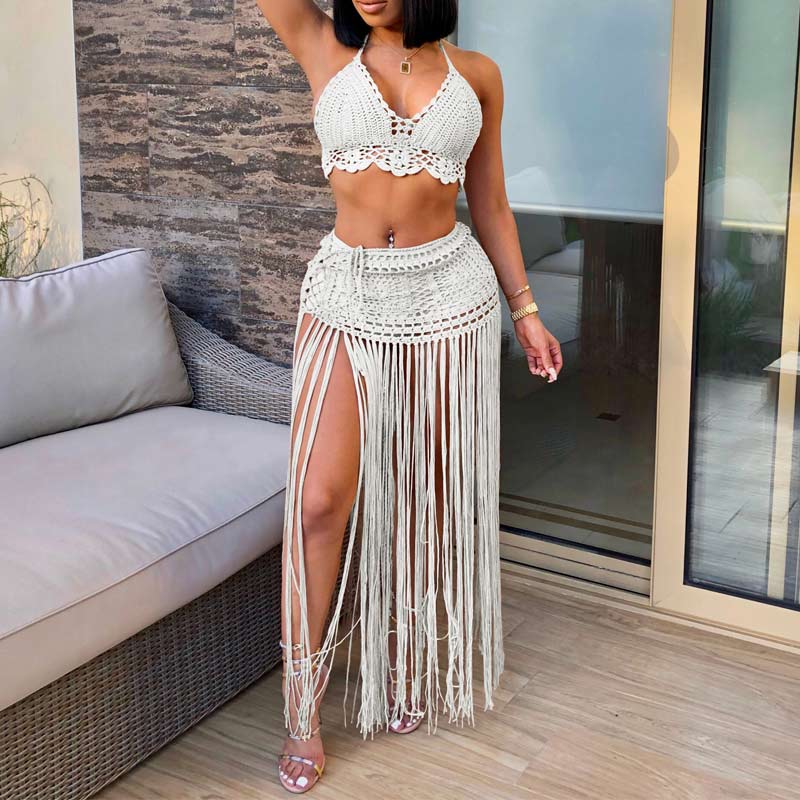 Solid Tassel Design Knitted Two Piece Skirt Set