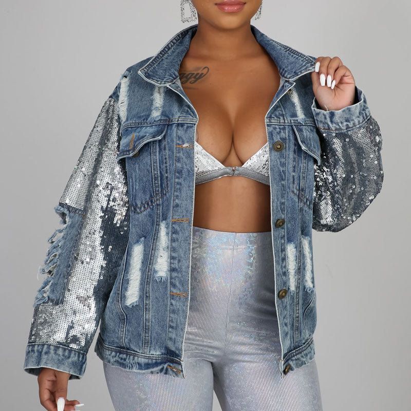 Sequins Long Sleeve Cut Out Denim Coat