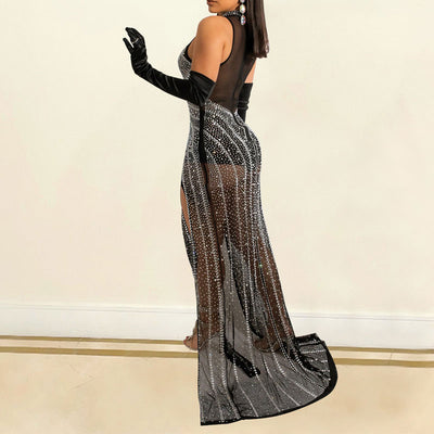 Rhinestone Sleeveless High Slit Mesh Maxi Dress Without Gloves