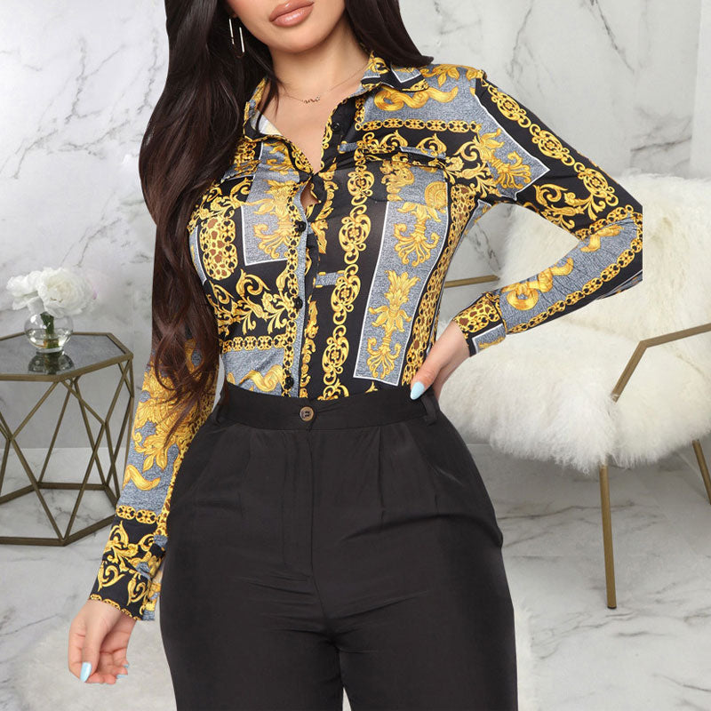 Print Long Sleeve Button Detailed Blouse