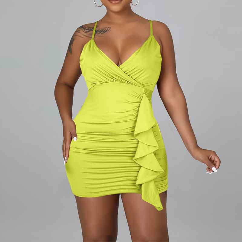 Solid V-Neck Sleeveless Ruffle Design Ruched Mini Dress