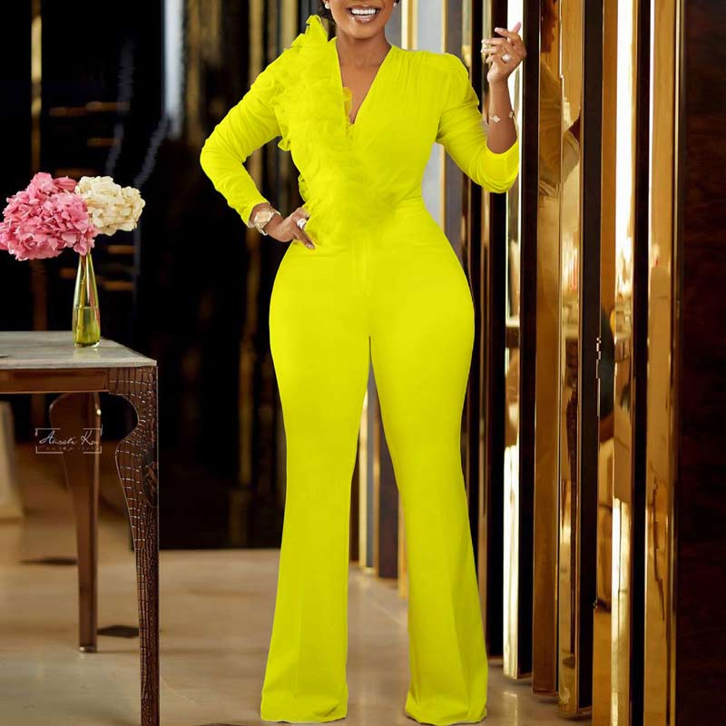 Solid Deep V-Neck Long Sleeve Sheer Mesh Jumpsuit