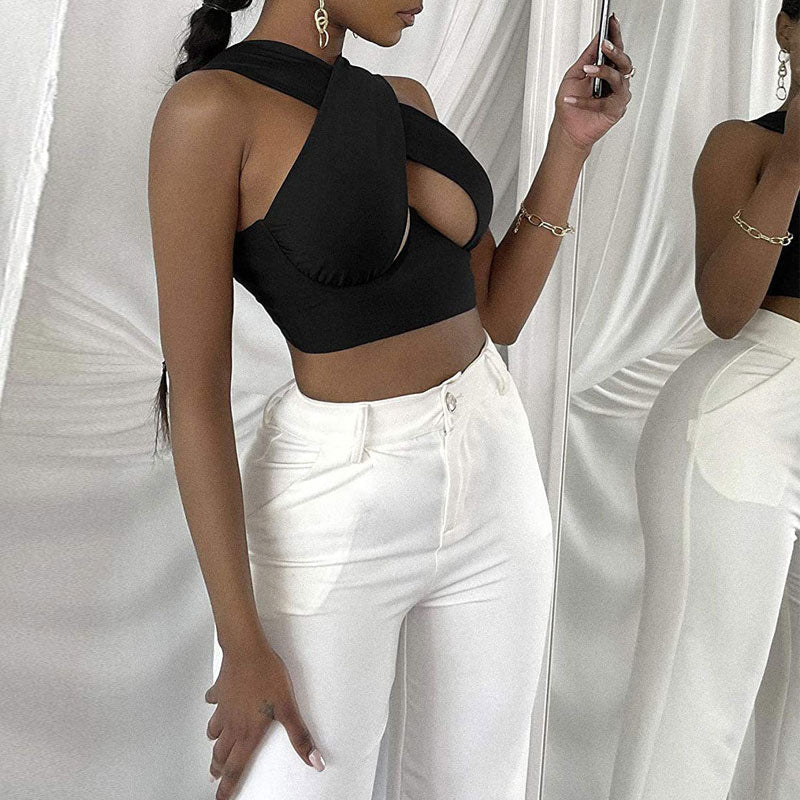 Solid Sleeveless Halter Cut Out Crop Top