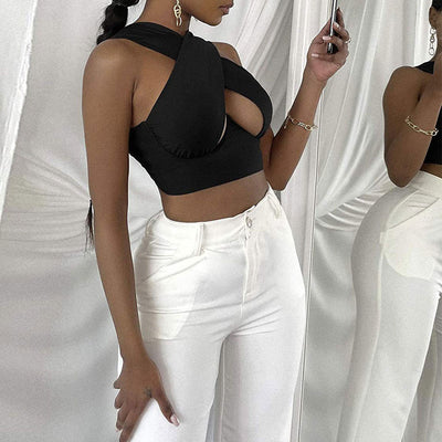 Solid Sleeveless Halter Cut Out Crop Top