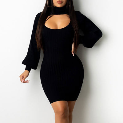 Solid U Neck Knitted Dress & Top Set