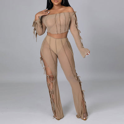 Sheer Mesh Off Shoulder Crop Top & Cut Out Pants Set